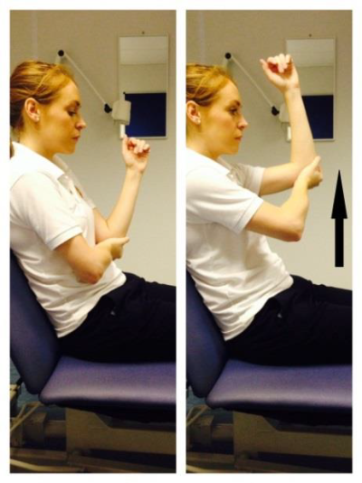 Woman using right arm to left elbow of left arm